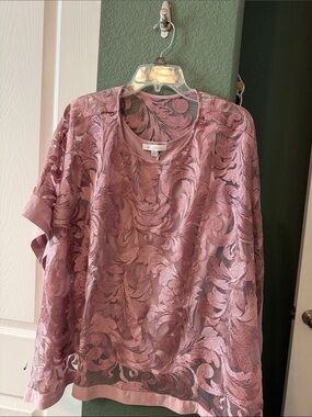 Oleg Cassini Rose Pink Embroidered Lace Short-Sleeve Top